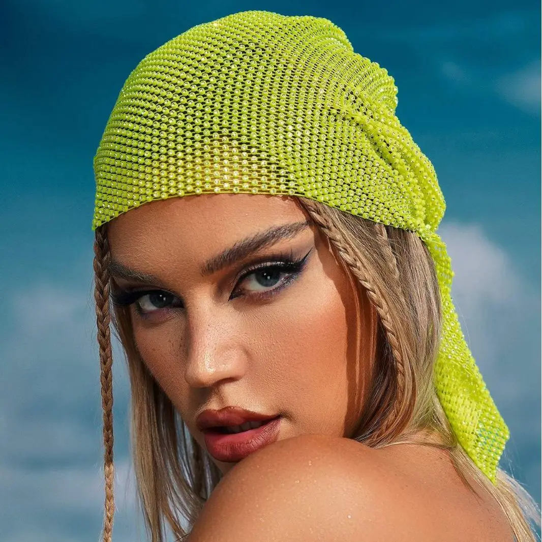 Outdoor Bling Veil Hat Mesh Headband Fashion Crystal Nightclub Party Women Girls Fishnet  Rhinestones Bandana Rave Accessories