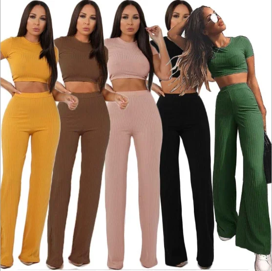 
Short Sleeve Two Pieces Set Round Neck Tops High Waist Wide Legs Long Pants women jumpsuits and rompers 