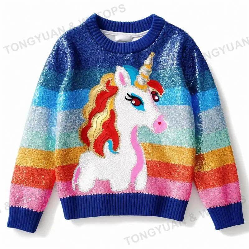 Cute Colorful Cartoon Unicorn Sequin Pullover Sweater For Girls Children