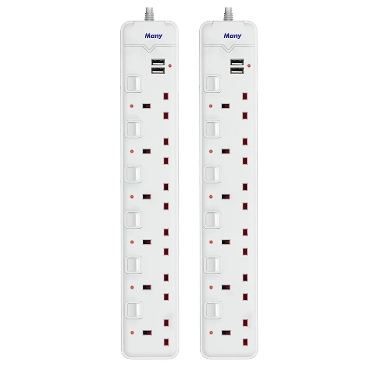 2021 New Hot Sale 6AC Outlets and 2 USB Ports Individual Switch Power strip UK Standard Extension Cord with USB