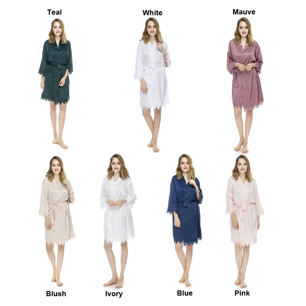 Hot Sale Wholesale Bridal Matt Satin Robe With Lace Trim Women Satin Kimono Robe