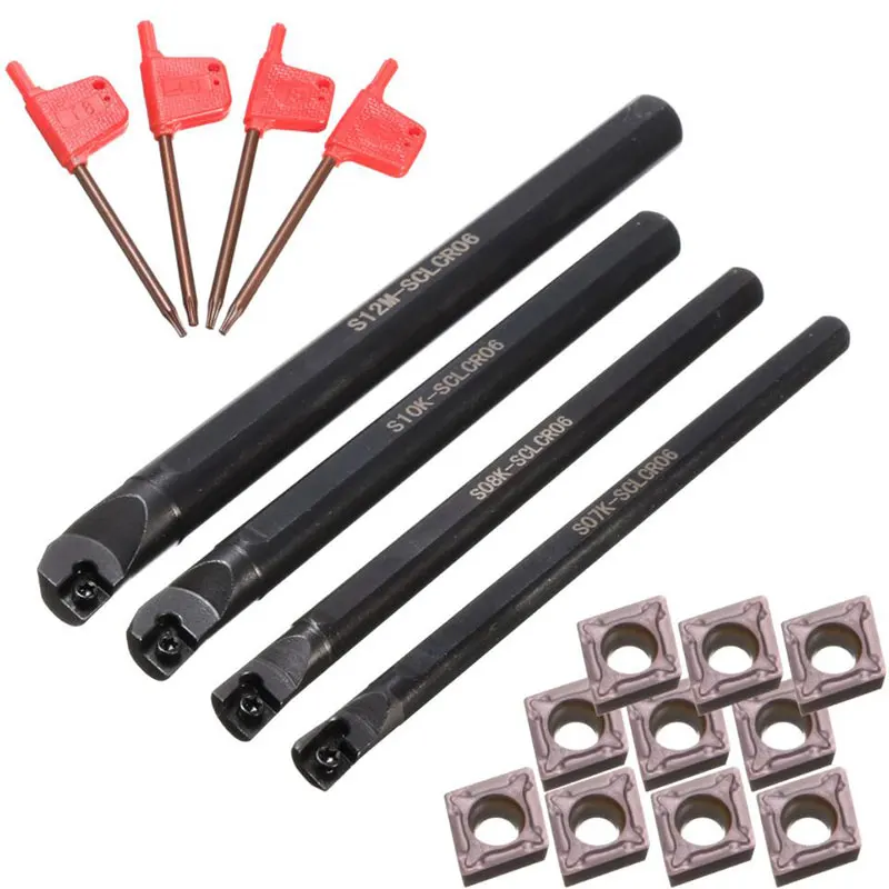 4 Set Of 7/8/10/12Mm Sclcr Lathe Boring Bar Turning Tool Holder+10Pcs Ccmt 0602 Carbide Insert Blades for Lathe Turning Machine