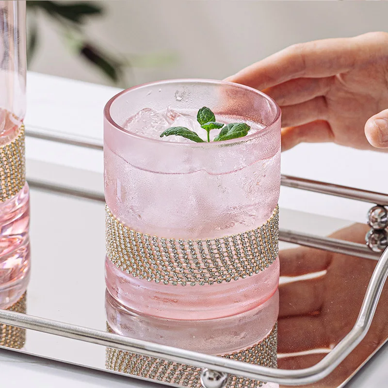 Water Glass Cup Pink Crystal Wedding DIAMOND Heavy Bottom Whiskey Water Drinking Tumbler Cup