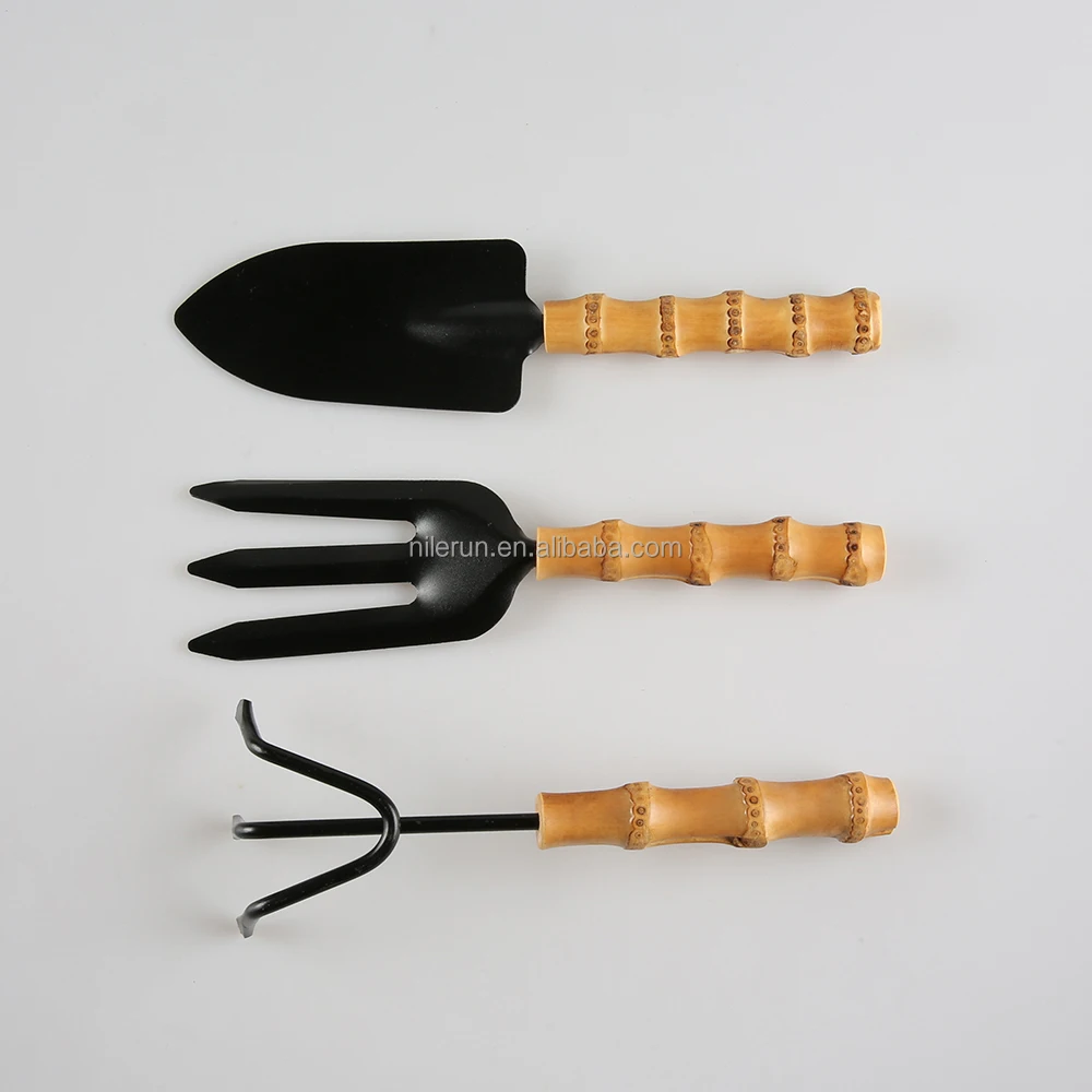 Nilerun Wood Wooden Bamboo Root Handle Hand Spade Shovel Fork Trowel Cultivator Rake Garden Plant Tool Set