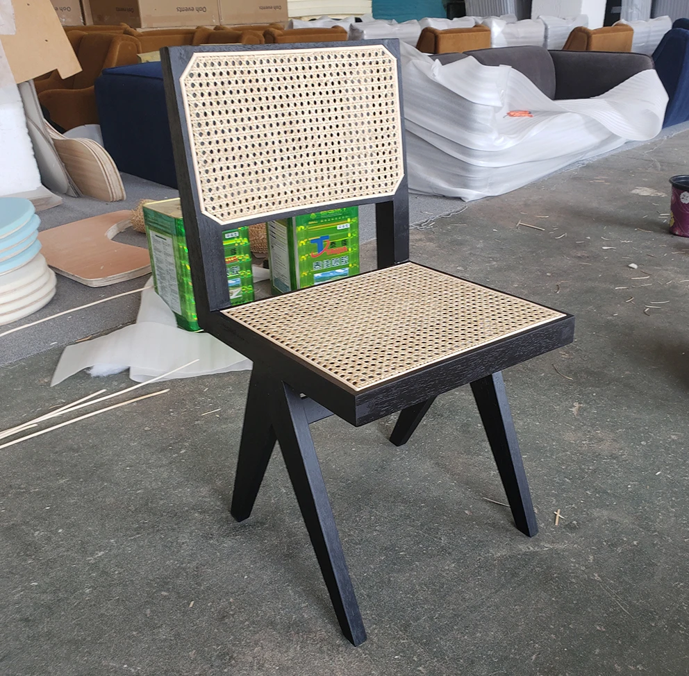 Mrs Woods Modern Nordic Style Black Oak Wooden Dining Room Chair With Rattan Back And Base