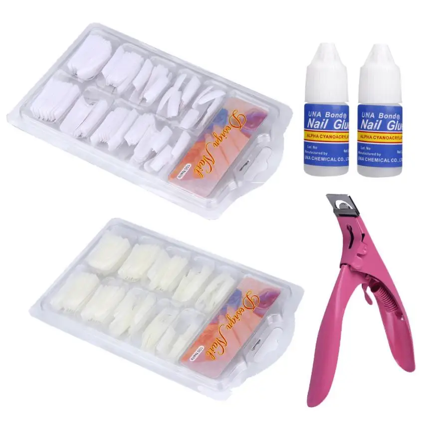 100 Pcs White Natural False Acrylic French Tips & Nail Art Glue Cutter Tool Set Professional Nail Art Tool for Nail Technician