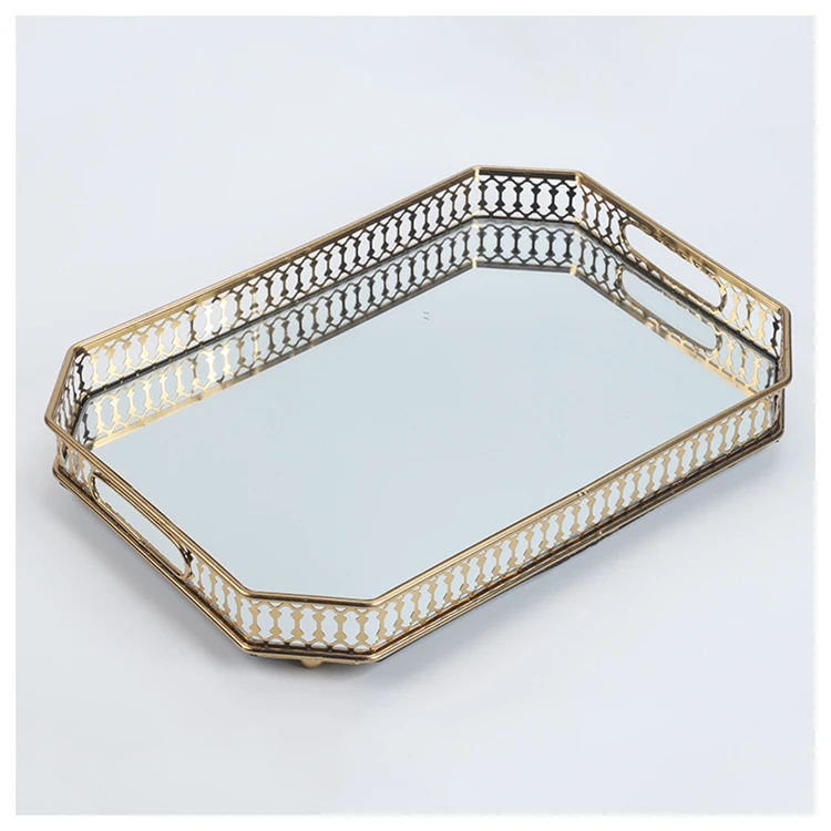 Декоративный светильник, роскошные украшения, зеркальный металлический лоток с гальваническим покрытием, железный стеклянный домашний лоток для хранения
