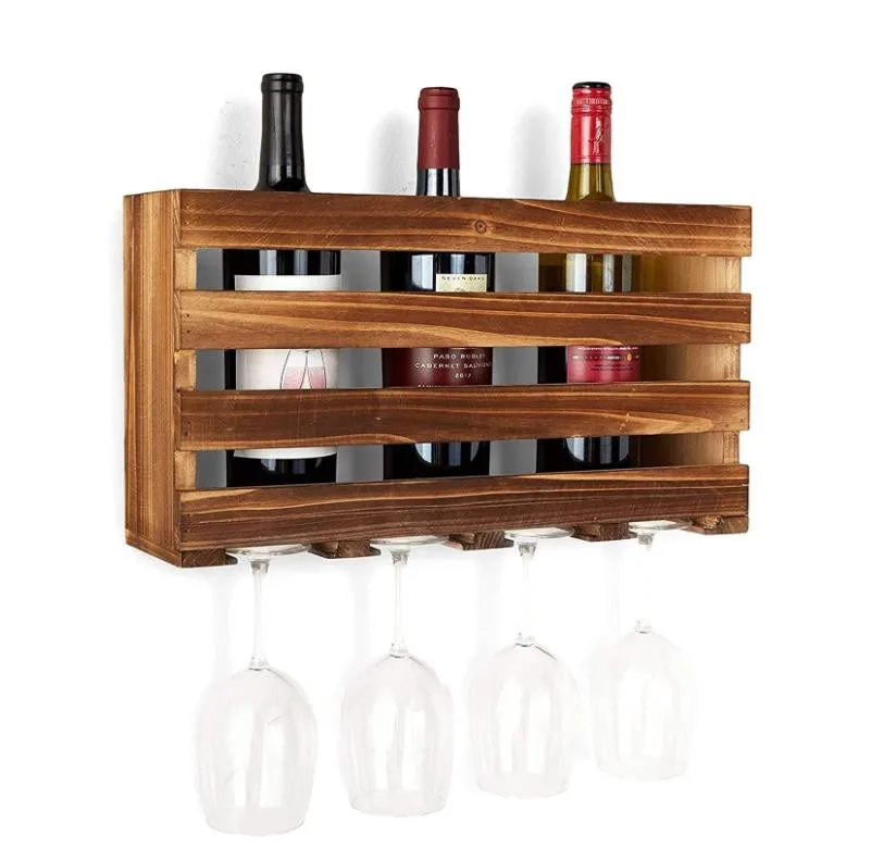Wholesale Grey Wood Wall Mounted Wine Glass Bottle Rack Carbonized shelf with