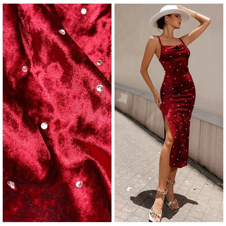 Shiny luxury crystal rhinestone 96% polyester 4% spandex knitted red velour diamond velvet fabric for dress