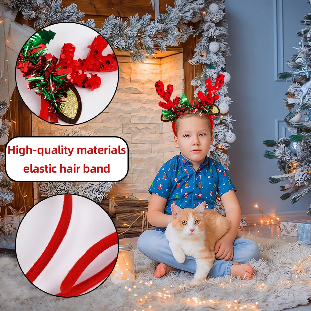 Christmas Headbands Women Girls Elk Antler Glitter Hair Bands Jingle Bells Tiara Headpiece Red Gold