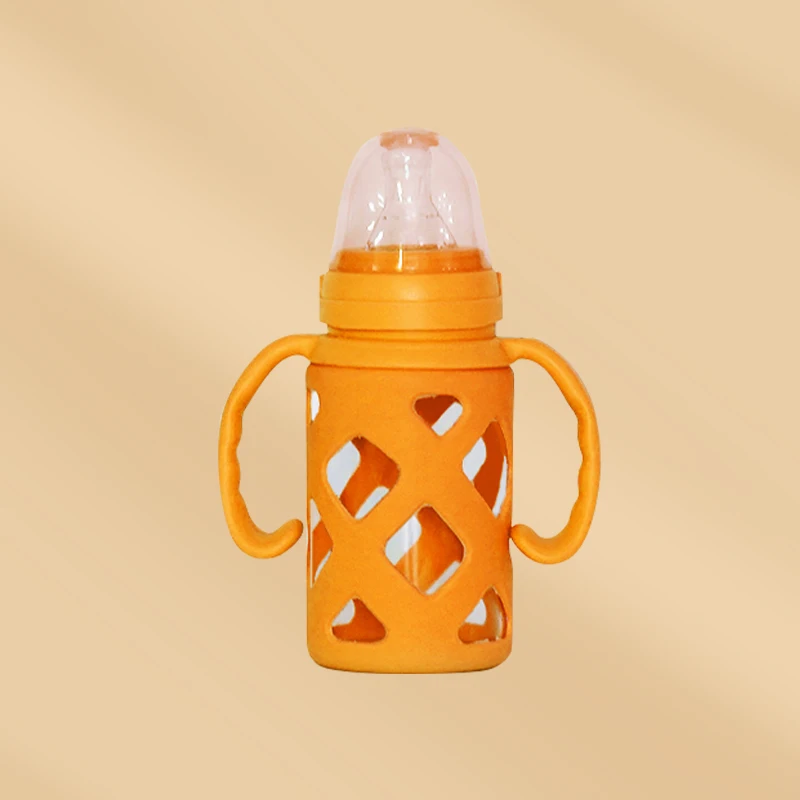 Wholesale Custom Silicone Anti Slip Glass Feeding Bottle 120ML Baby Bottle with Silicon Rubber Case