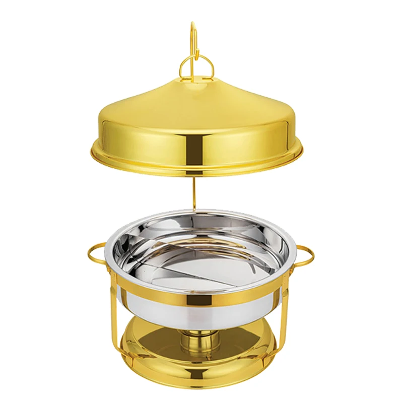 High Quality Stainless Steel Mandarin Soup Round Chafing Dish with Hanging Cover in Golden Color for Buffet and Hotel Supplies