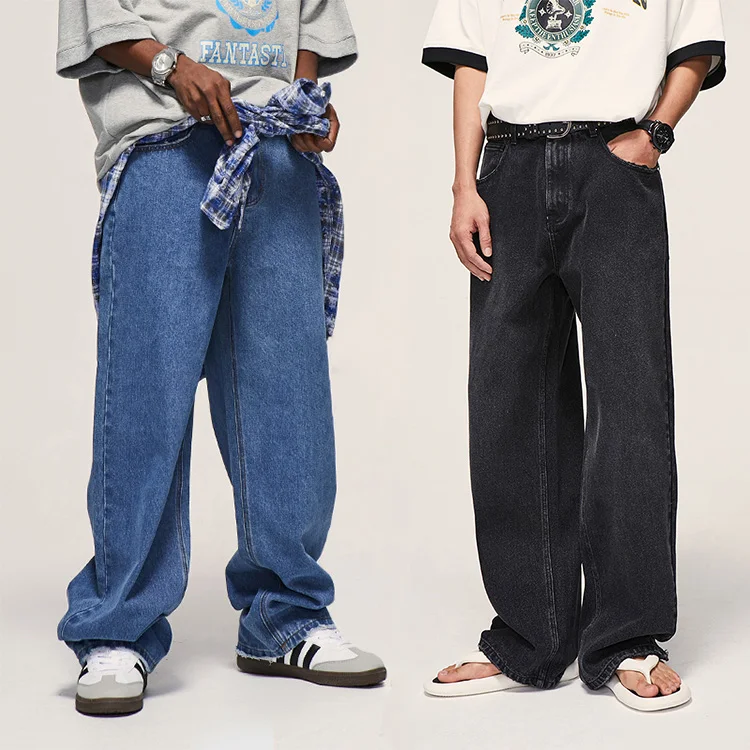 wholesale Blue classic fit cotton washed baggy jeans straight-leg slacks denim pants men