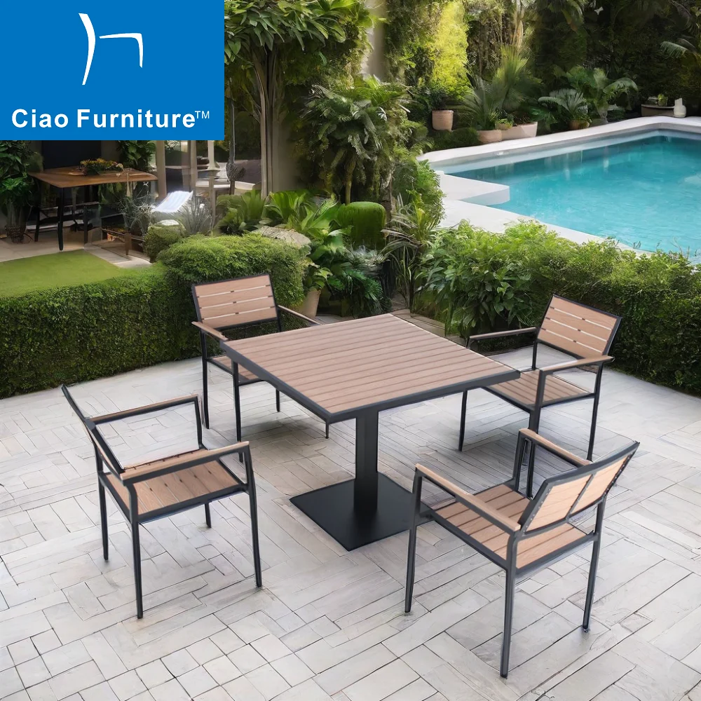 Hot Selling Outdoor Restaurant Terrace Furniture Faux Wood Patio Dining Table and Chair Set