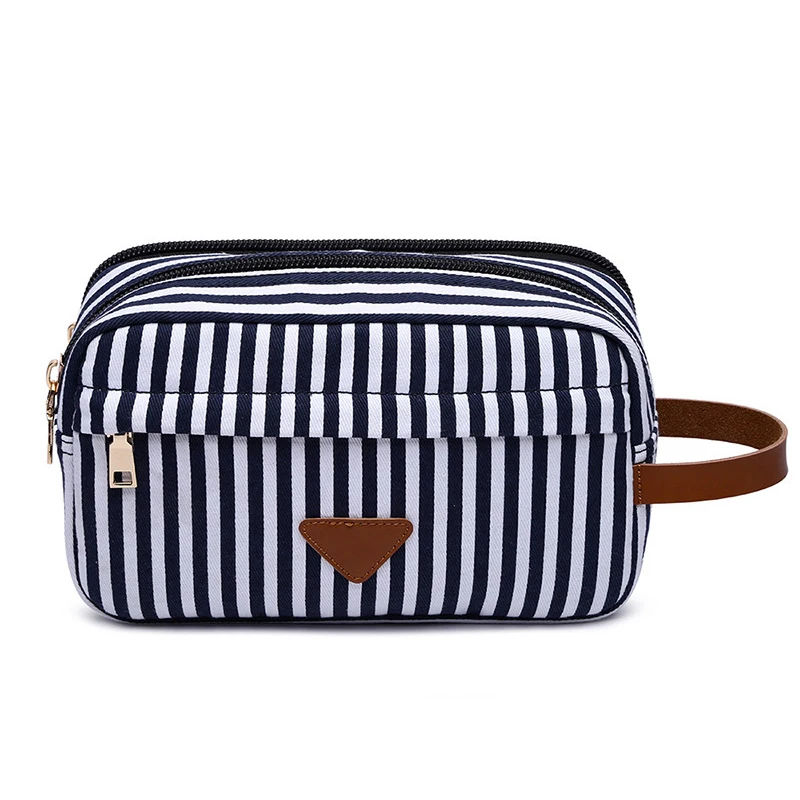 Aosheng  mens women  small blue white Striped canvas zipper travel cosmetic makeup pouch bag