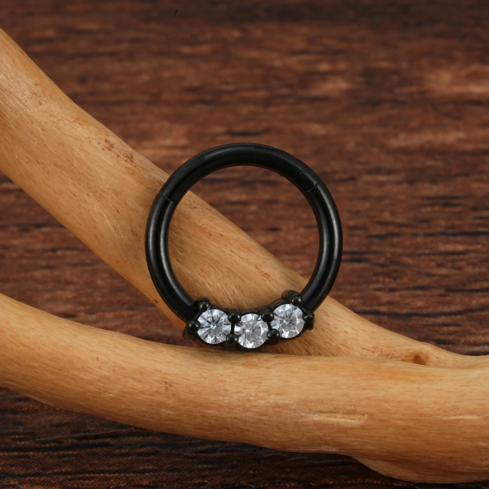 Black Hinged Segment Ring Septum Gemmed Clickers Nose Piercing Jewelry