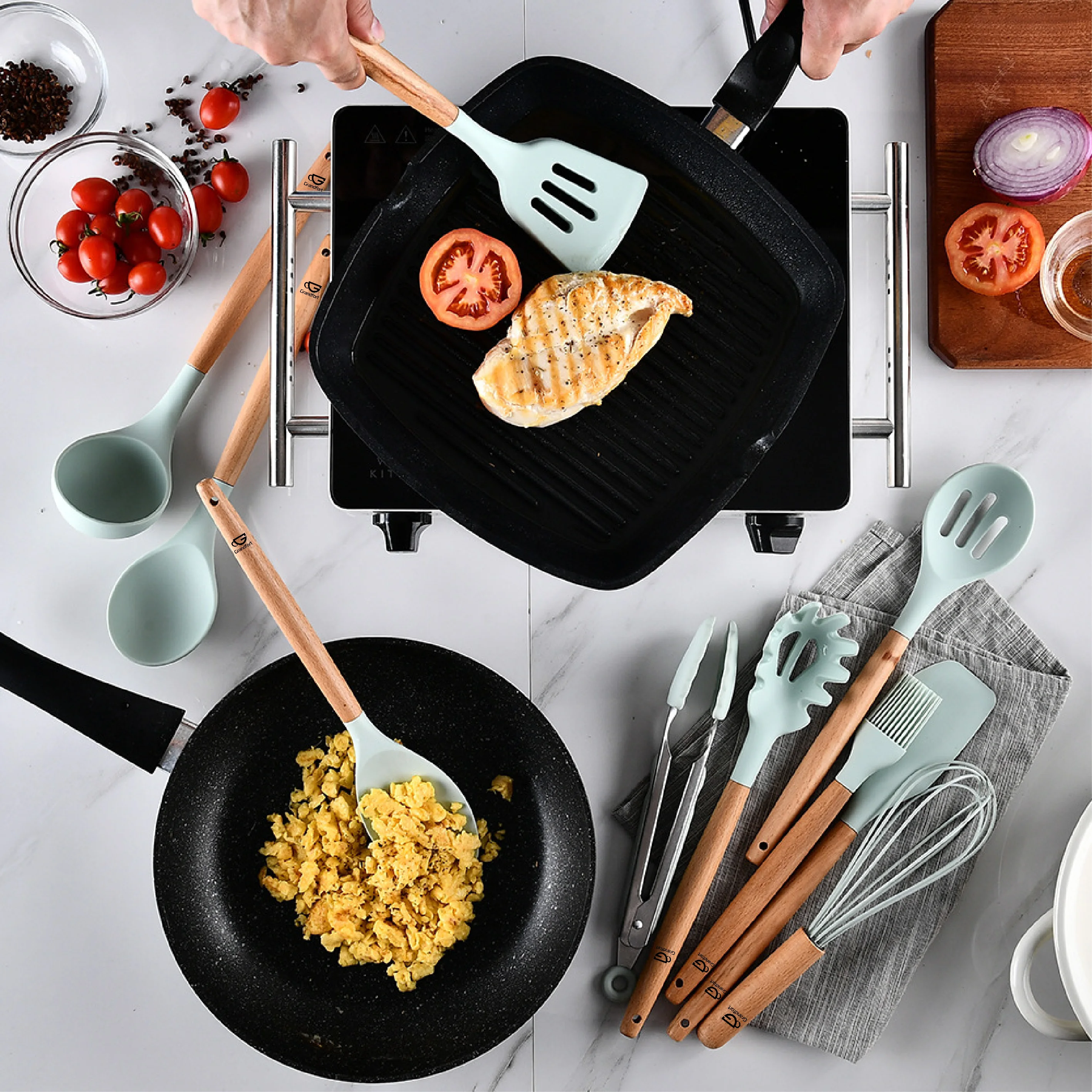  Зеленый кухонные инструментальные Силиконовые Кулинария кухонная утварь набор с деревянной ручкой держатель аксессуары для ванной комнаты шпатель Тернер ковш