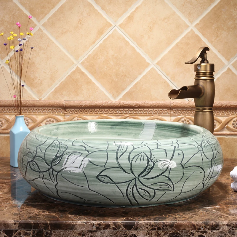 Green Round Jingdezhen Bathroom ceramic sink wash basin Counter Top Wash Basin Bathroom Sinks hand painted ceramics bowls