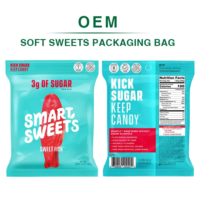 Custom 50g Food Grade Back Seal Heat Seal Plastic Bag For Snack Biscuit Chips Candy Soft Sweets Packaging Bags