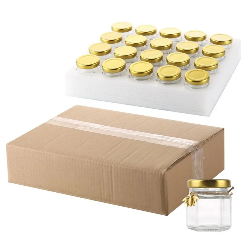 Different sizes food grade mini jam glass cheap 45ml honey glass jars with golden lid, wood muddler, card