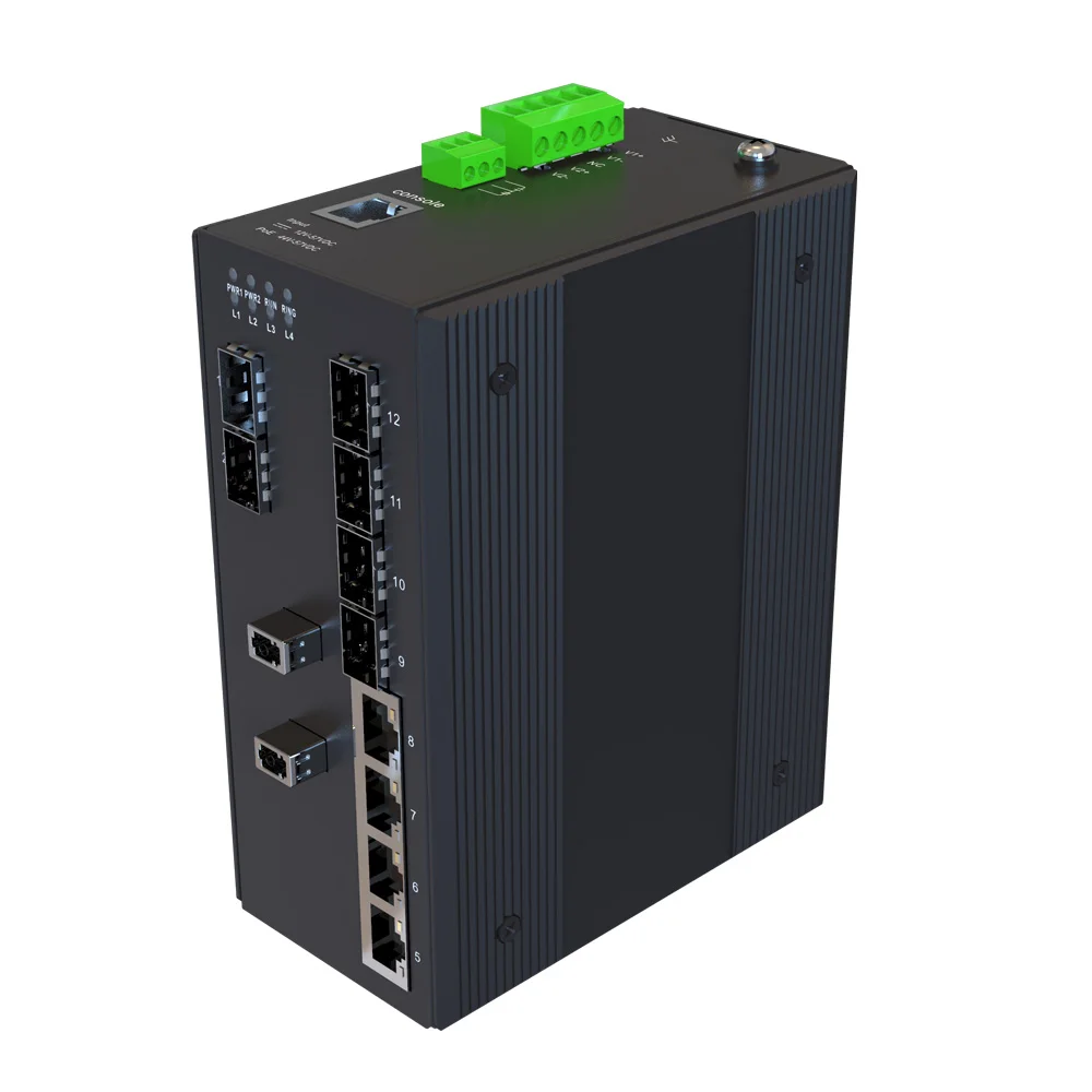 
Bypass Protection AC 85V-265V L3 Layer 12 Port 4 1000M RJ45 4 1000Base SFP 4 SFP+ 10G Managed Industrial Ethernet Switch 