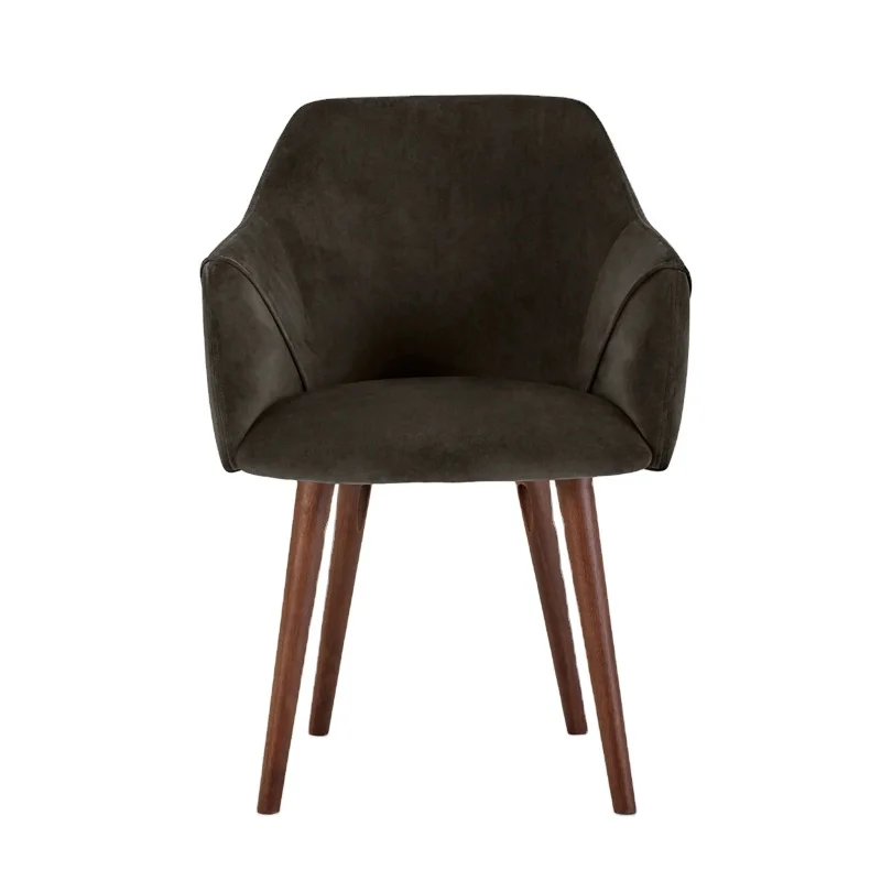 Newest wooden legs chairs home hotel coffee armchair modern design double stiching upholstered grey velvet dining chair