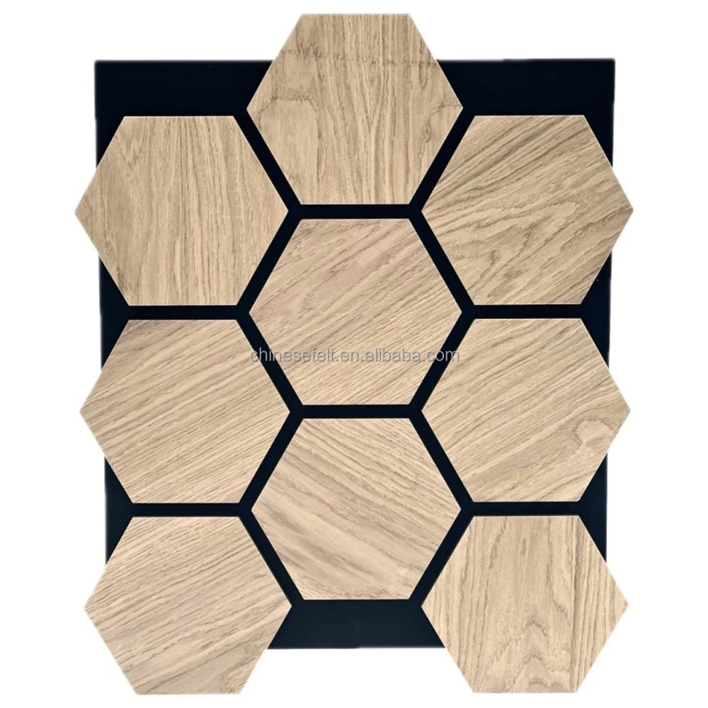 Acoustic Felt Panel Backing Natural Oak Veneer Wood Hexagon Acoustic Panels for Home Office Hotel Cinema Studio Wall Decoration