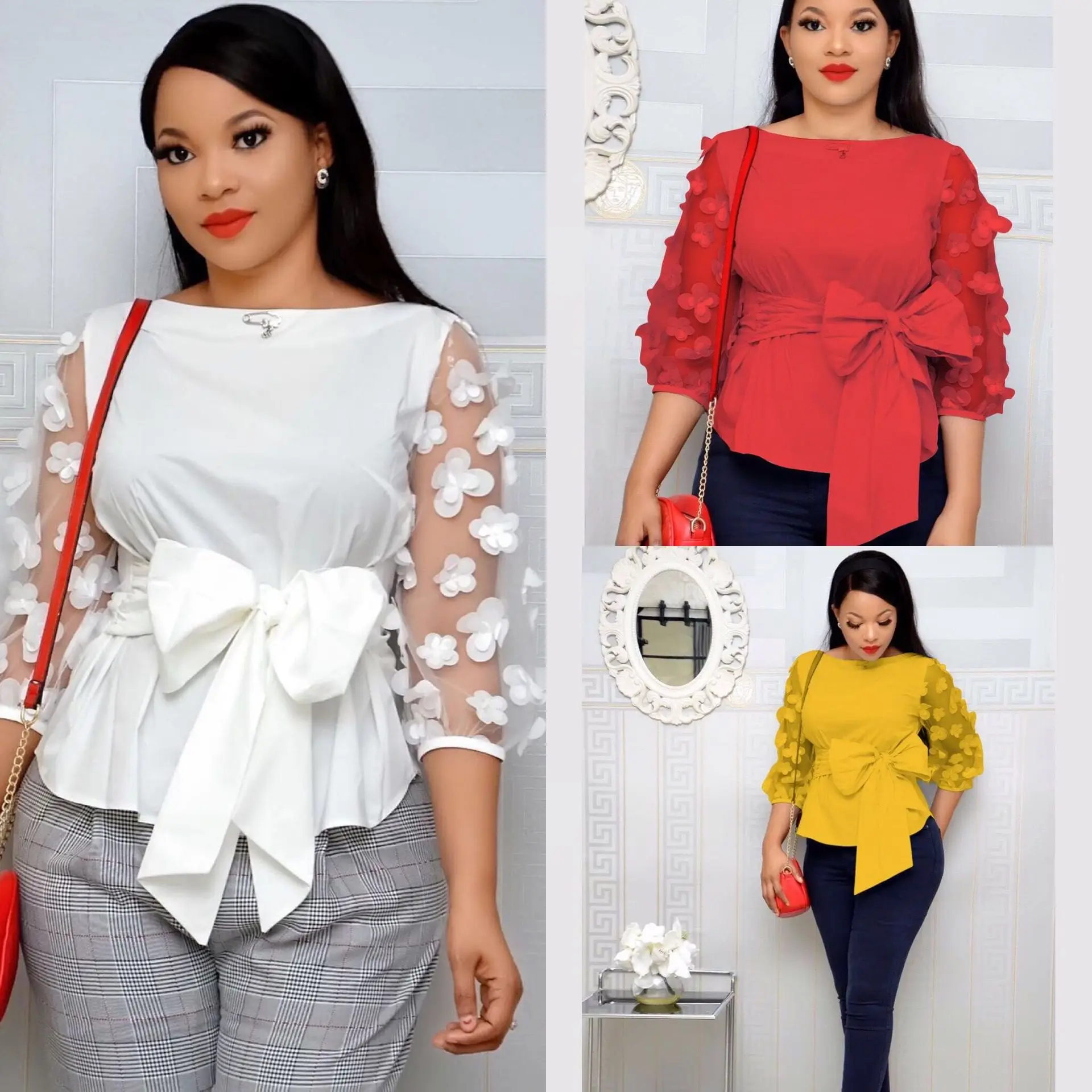 Hot Selling African Clothes Women Ladies Blouse Plus Size Flower Bow Tie Shirt Red Blouse Women Elegant Ladies Yellow Blouses