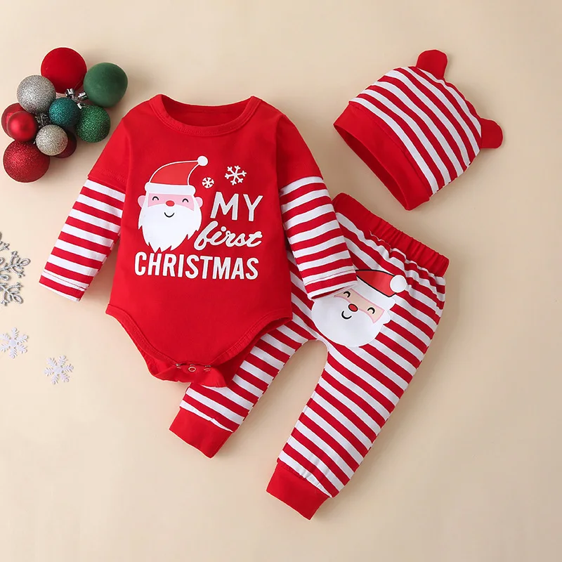 100% cotton  My First Christmas Baby Clothes Pull Over Long Sleeve Romper Striped pant and hat 3pcs Infant Xmas outfit