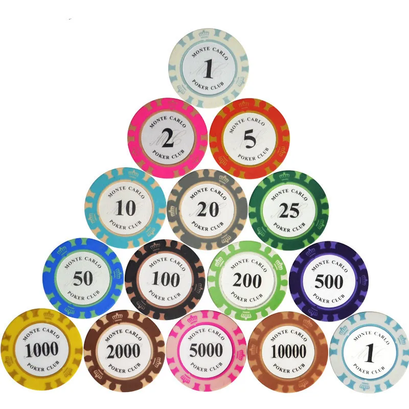 High Quality  Monte Carlo Poker Chips Wholesale Casino Royale Game Clay Poker Coin Sticker with Custom 14g Logo Manufacturer