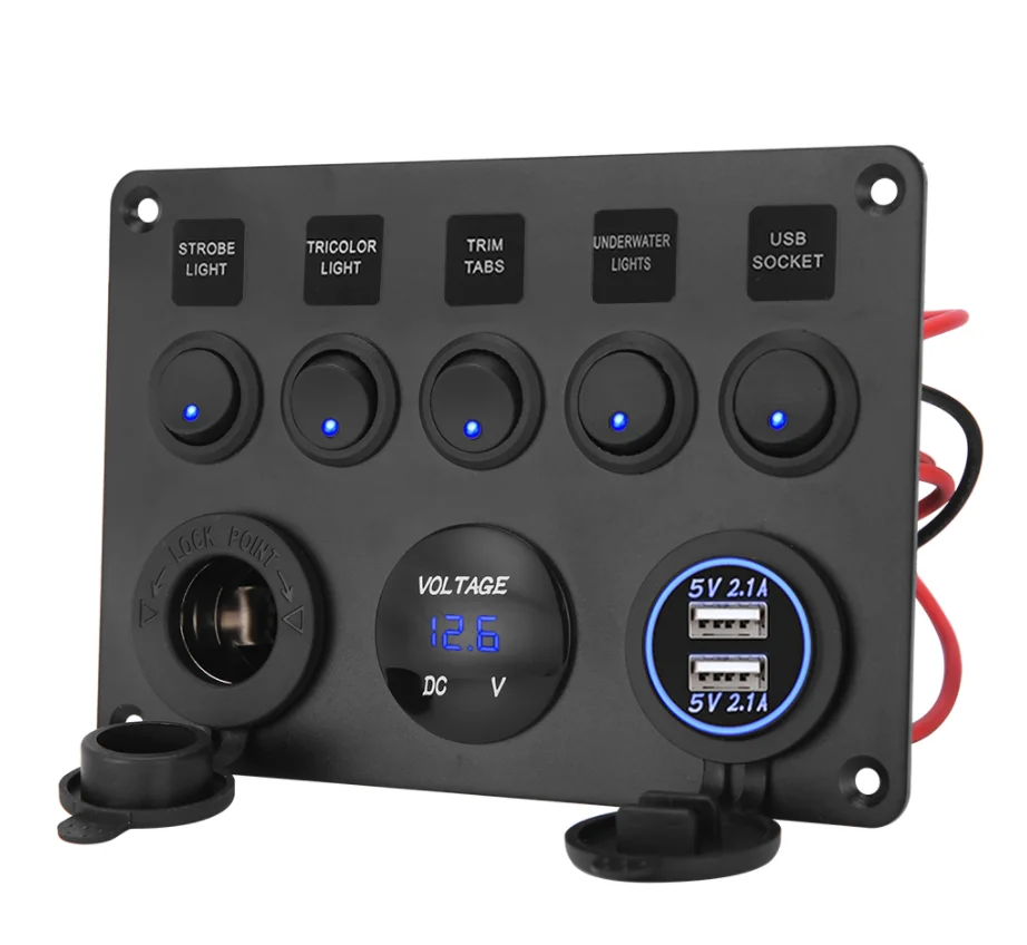 
Waterproof DC 12V 24V Aluminum Panel with 5 gang Blue Led Rocker Switch, 4.2A USB and Power Charger for Marine Car Boat 