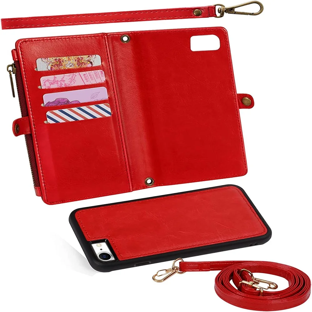 Luxury PU Leather Wallet Case Detachable Magnetic Zipper Purse With Card Slots Wrist Strap For iPhone 12 Pro Max Wallet Case