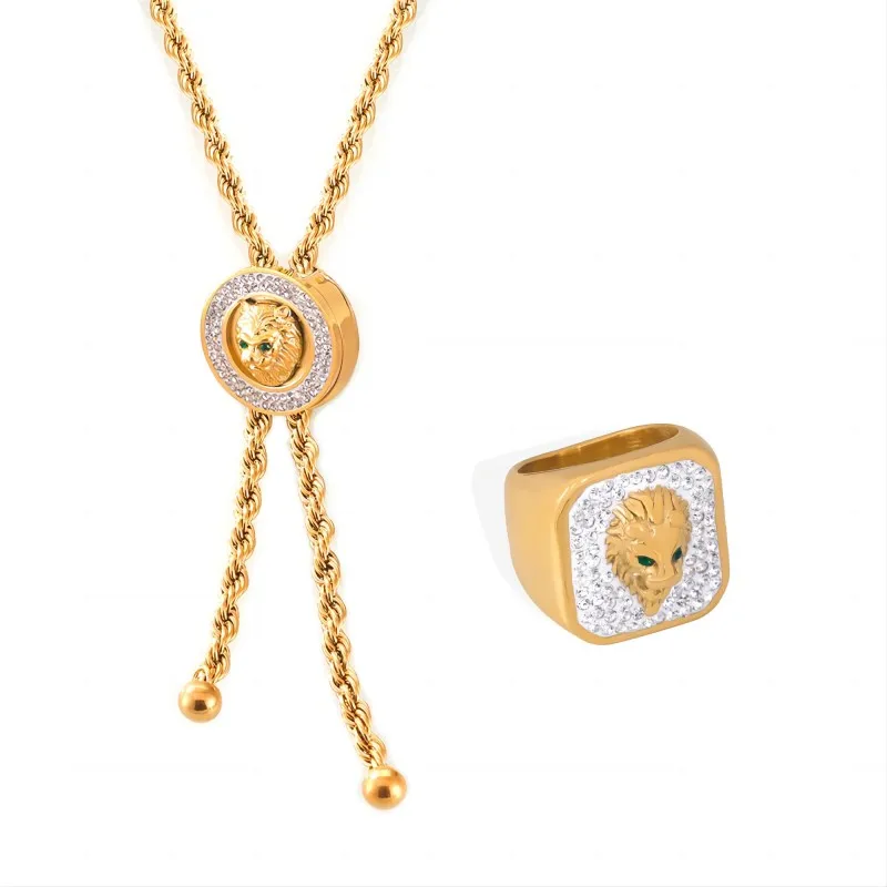 New personality texture lion head diamond design sense titanium steel European American style simple all-match jewelry set