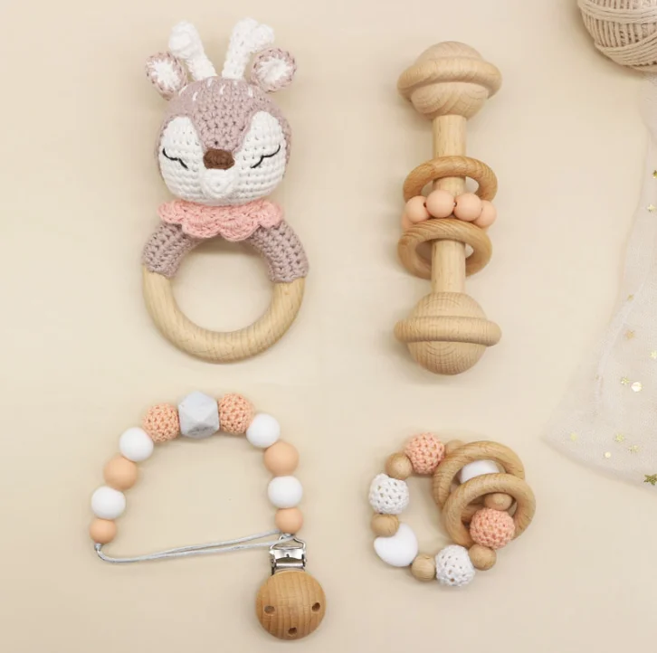 wholesale baby wooden rattle crochet elephant design baby rattle crochet wooden silicone beads