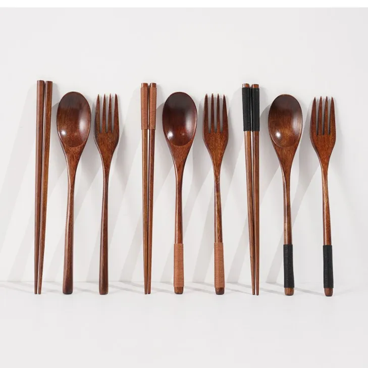 Natural Wood Spoon Chopsticks And Fork Dinner Set Rice Soup Tableware Grain Handmade Household Tableware