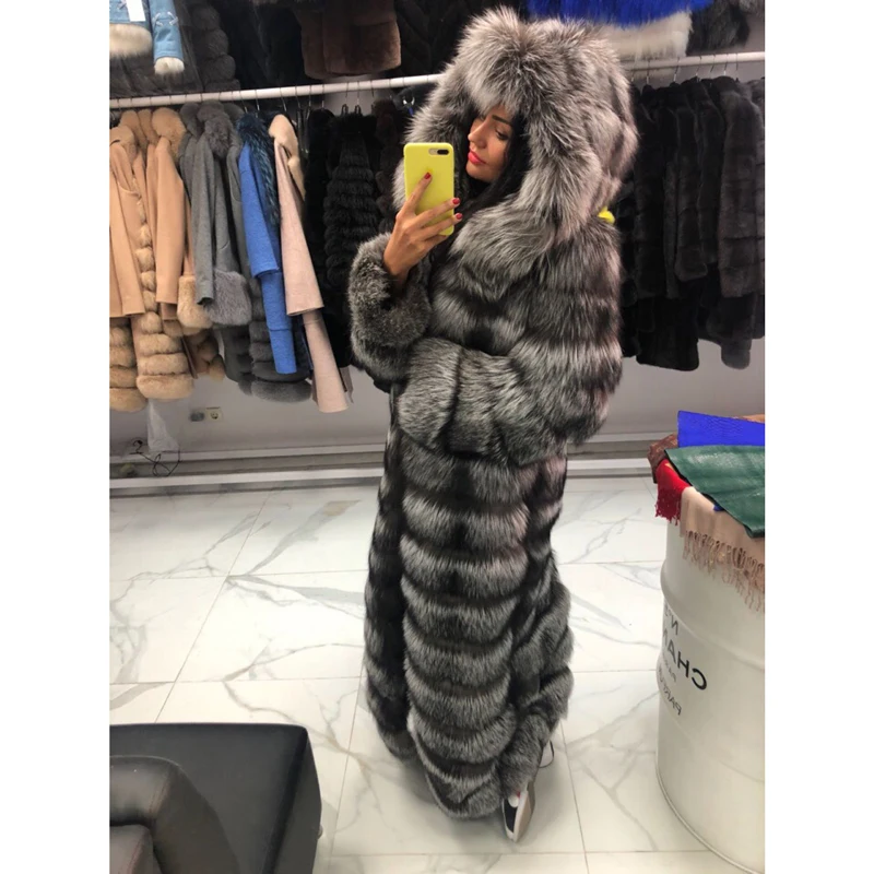 130cm Long Real Fox Fur Coat With Hood Thick Warm Natural Fur Coats Women Outwear Luxury 2021 Trendy Female Fur Overcoats