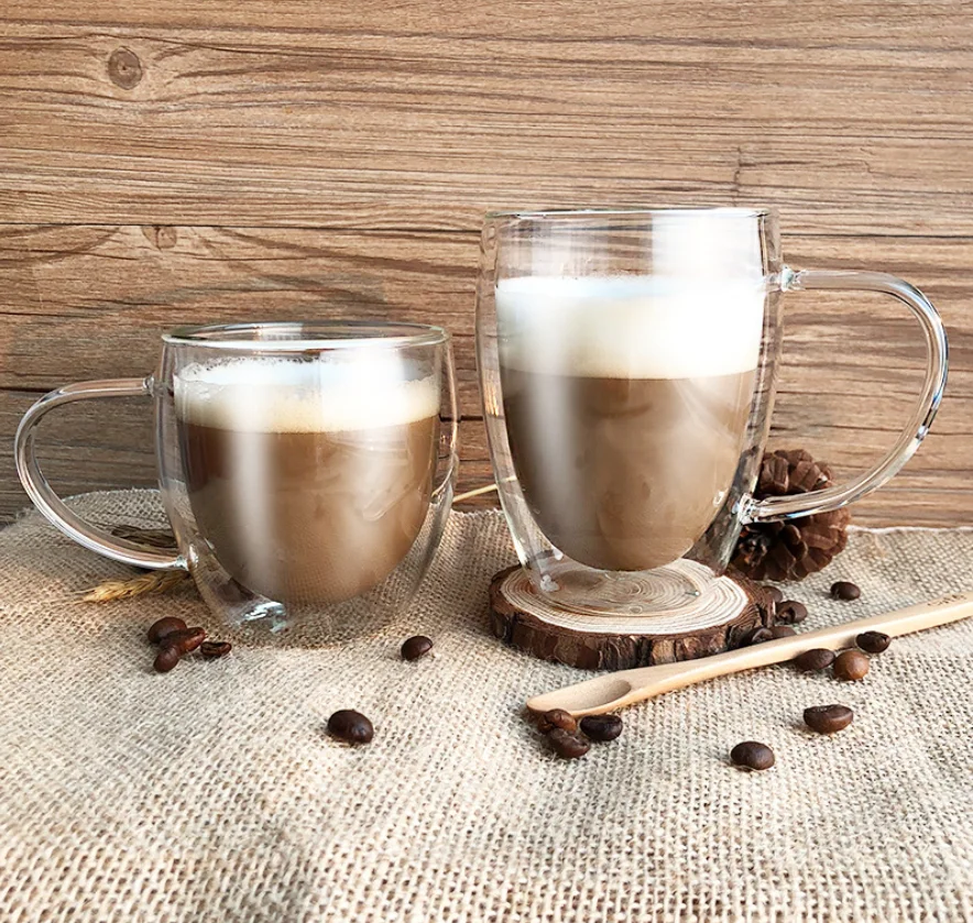 Оптовая продажа, бытовая двухслойная стеклянная чашка, кофейная чашка с плоским ушком, большая чашка для живота с ручкой