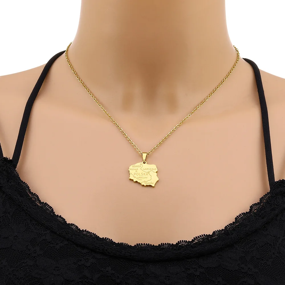 High Quality Non Tarnish Silver 18K Gold Plated 316L Stainless Steel Poland Map Pendant Necklace Jewelry For Women