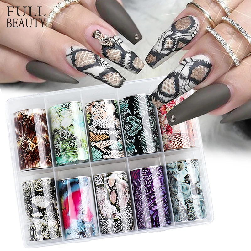 10 Types/Box Snake Print Nail Foils Leopard Wild Animal Skin Transfer Slider Stickers Starry Sky Gel Polish Wrap Decor