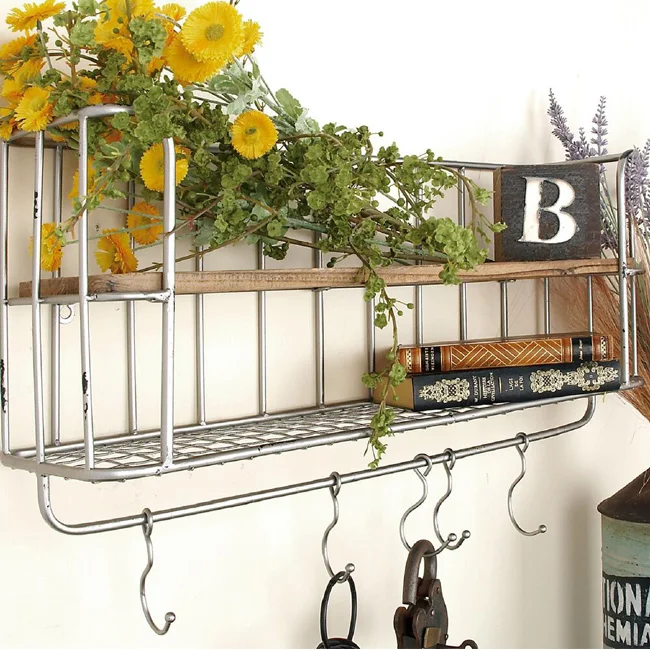 Bathroom Wall Hanger Organizer Hanging Basket Door Pantry Storage Rack Wood Wall Mount Shelf Floating Shelves with Hooks