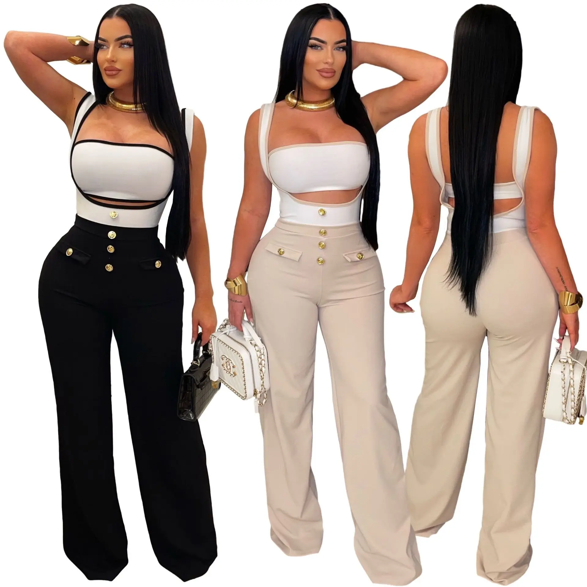 S2401 trendy bra tank top matching suit pants 2 piece outfits sexy straight pants romper jumpsuit One Piece Bodysuit Ladies