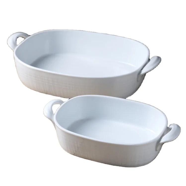 Wholesale wholesale size home kitchen white ceramic baking pan with double handle