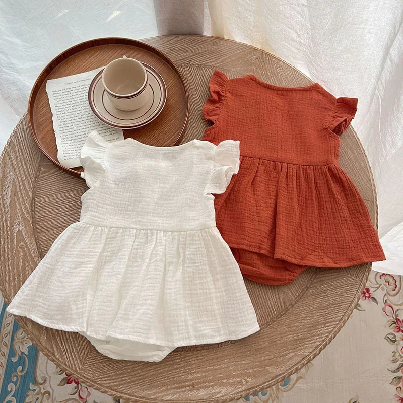 Summer baby girls flying sleeve suspenders stretch button pure color crepe frilly dress romper kids bodysuit