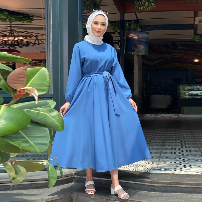 New fashion womens plus size casual elegant long sleeve loose tunic lace up muslim maxi  dress