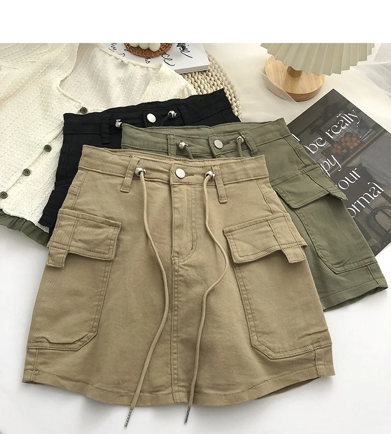 Black Army Green Khaki A-line Skinny Fit Sexy Skirt Women High Waist Cargo Skirts With Drawstring Pockets