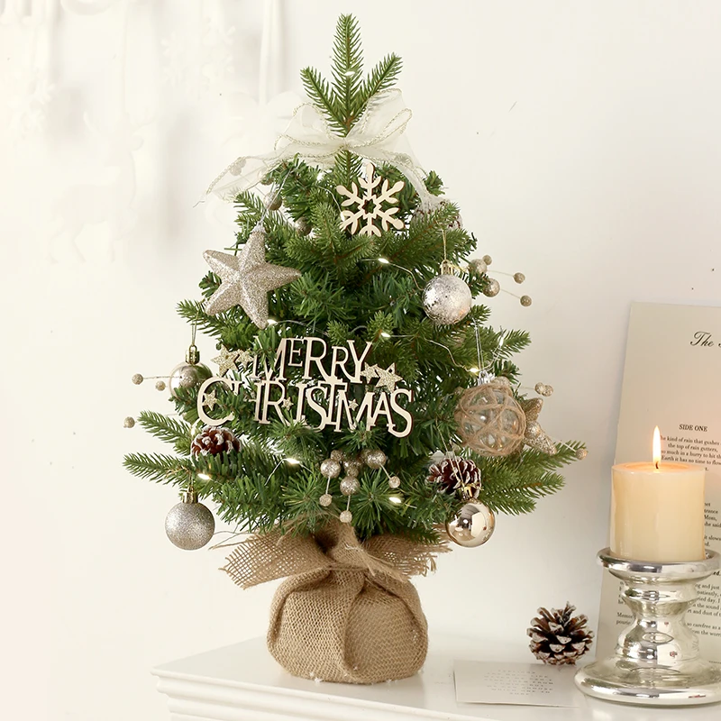 45CM Factory Sale PE PVC Christmas Table Top Tree With Ball Pine Cone and Linen Wrapped Christmas Decoration Supplies
