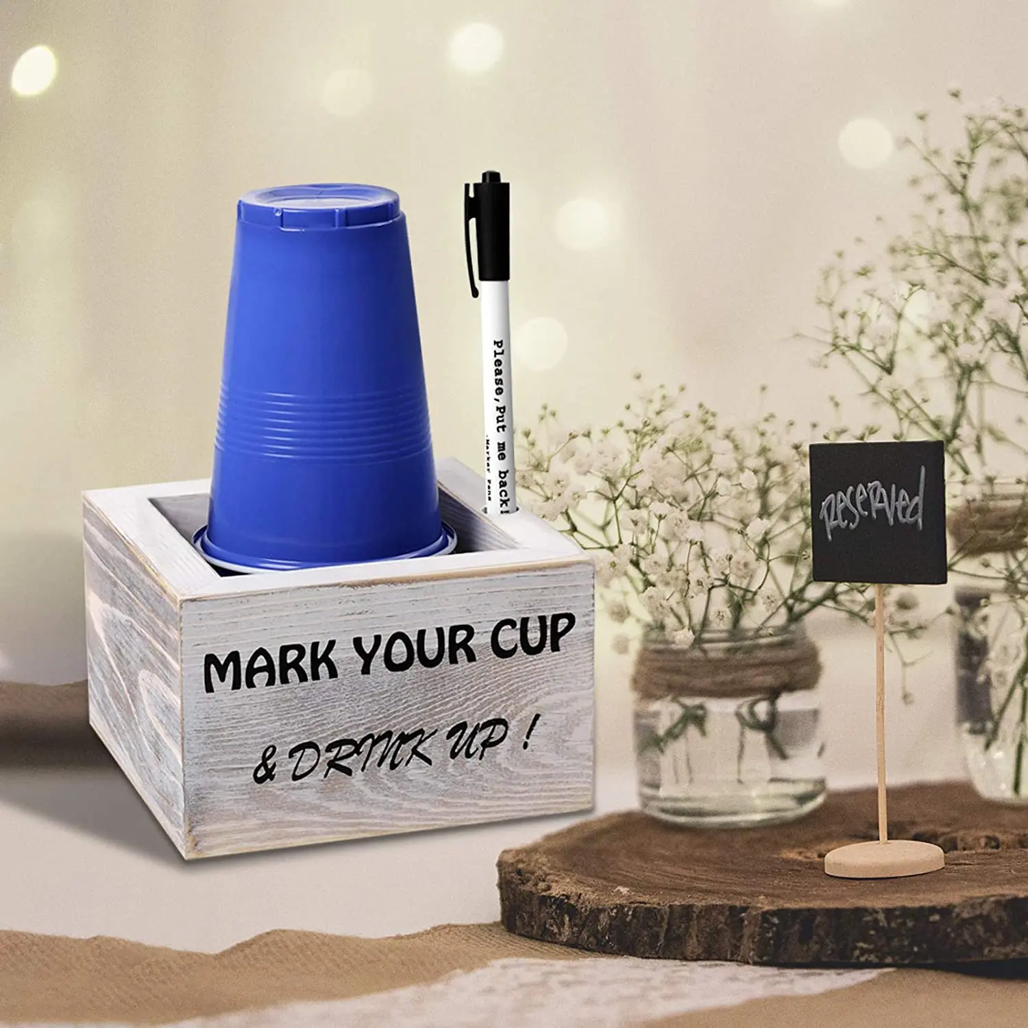 Outdoor Rustic Drink Caddy Dispenser Bar BBQ Decor Mark Your Cup and Drink up Wood Party Solo Cup Holder with Marker Slot