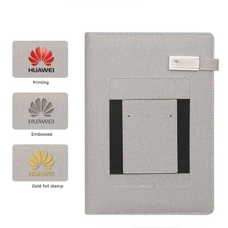 2023 New Design Custom LED Light Logo A5 PU Leather Agenda 8000mah Wireless Charger Power Bank Diary Notebook With USB