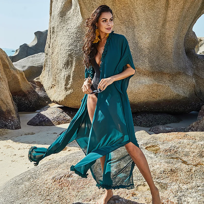 
Wooden ear sexy see-through swimsuit blouse long chiffon sun-protection cardigan beach dress 