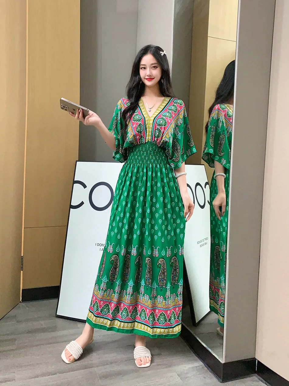 Southeast Asia travel Thai style cotton silk floral dress Female summer national style V-neck short-sleeved garden style skirt